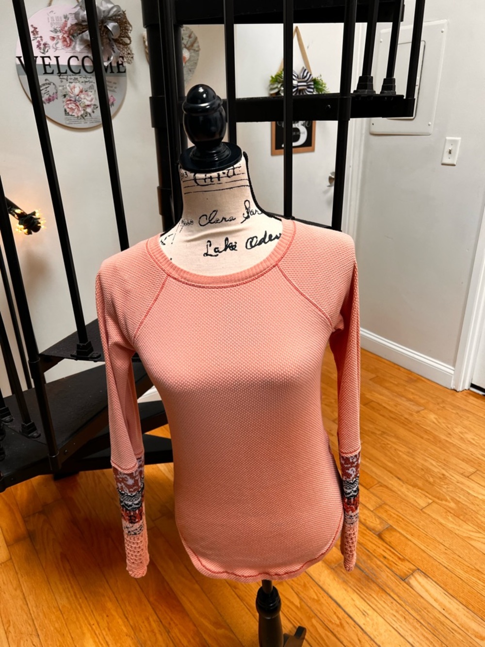 Free People Peach Waffle Knit Long-Sleeve Tee with Printed Cuffs
